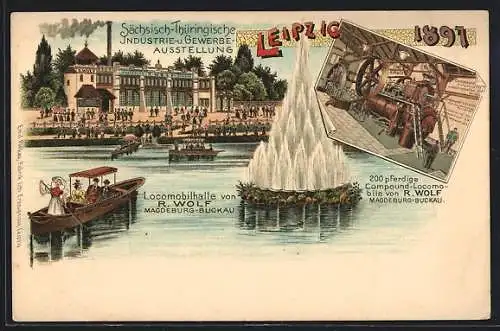 Lithographie Leipzig, Sächs.-Thür. Industrie & Gewerbe-Ausstellung 1897, Ausstellungshalle, Gondelfahrt und Wasserspiel