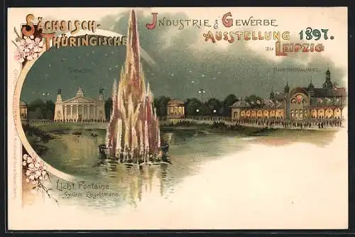 Lithographie Leipzig, Hauptbahnhof Aussenansicht, Theater, Licht Fontäne System Engelsmann