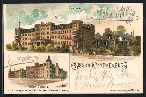 Lithographie München-Nymphenburg, Curgarten, Villen-Colonie