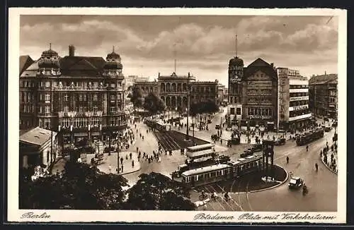 AK Berlin-Tiergarten, Potsdamer Platz mit Verkehrsturm und Strassenbahn