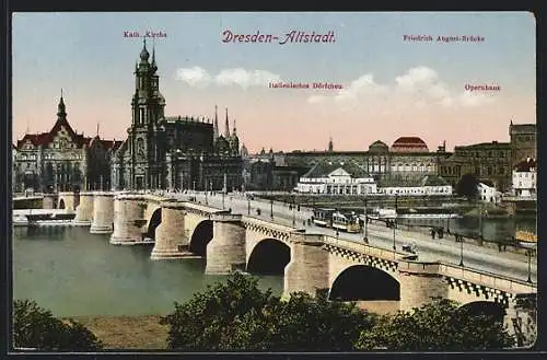 AK Dresden, Schloss, Kath. Hofkirche, Friedrich August-Brücke, Strassenbahn