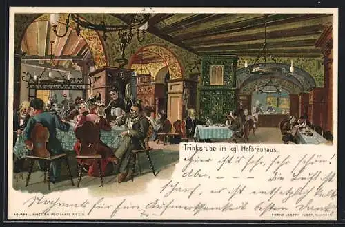 Lithographie München, Trinkstube im kgl. Hofbräuhaus, Gäste an den Tischen sitzend