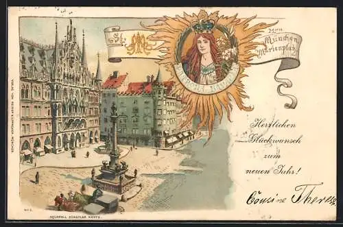 Lithographie München, Am Marienplatz, St. Marie, Patronia Bavarie