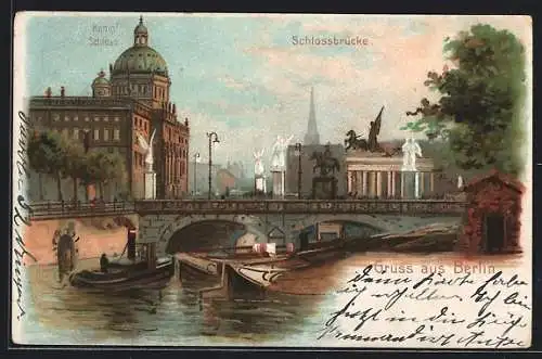 Lithographie Berlin, Schlossbrücke und Königliches Schloss