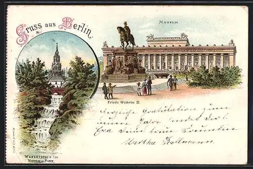 Lithographie Berlin-Kreuzberg, Museum, Denkmal Friedrich Wilhelm III., Wassersturz im Victoria-Park