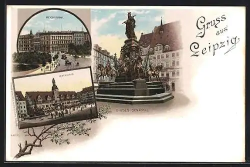 Lithographie Leipzig, Reichsbank, Rathaus, Sieges-Denkmal