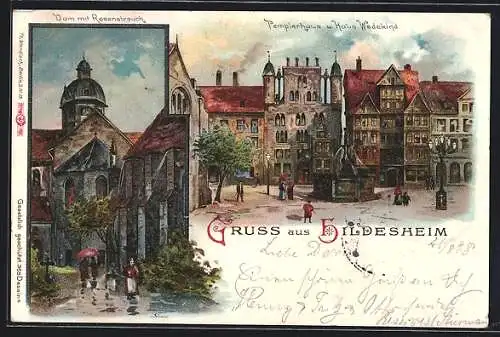 Lithographie Hildesheim, Dom mit Rosenstrauch, Templerhaus u. Haus Wedekind