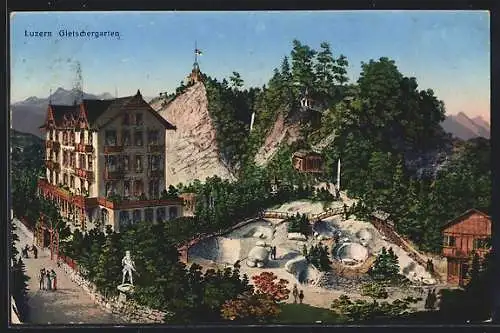 AK Luzern, Gletschergarten mit Weg hinauf zur Kapelle, Naturdenkmal