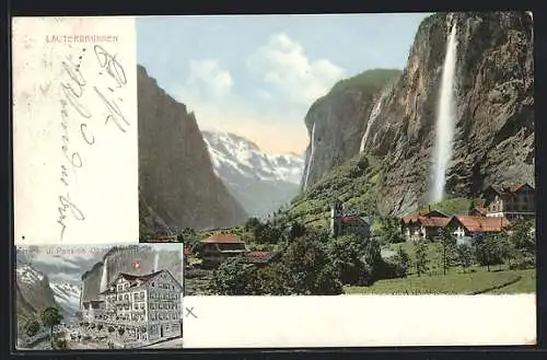 AK Lauterbrunnen, Panoramablick vom Ort mit Landschaft und Ansicht vom Hotel u. Pension Oberland