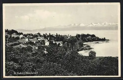 AK St. Aubin /Neuchâtel, Teilansicht mit Bergen