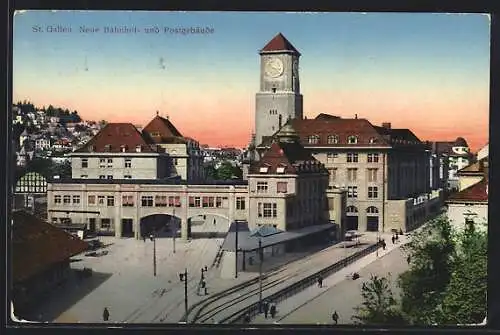 AK St. Gallen, Neue Bahnhof- und Postgebäude