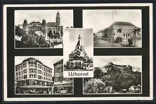 AK Uzhorod, Strassenpartie mit Geschäften, Burg, Kirche