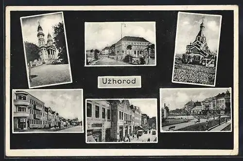 AK Uzhorod, Strassenpartie mit Geschäften, Kirche, Denkmal