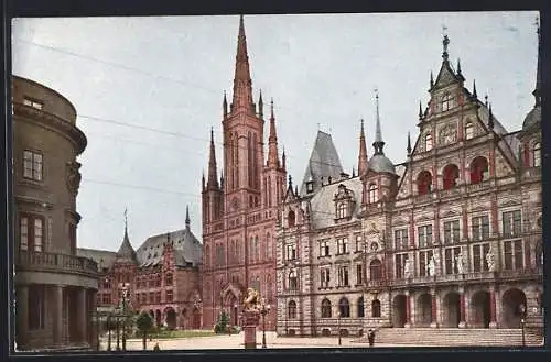 AK Wiesbaden, Schlossplatz mit evangelischer Hauptkirche und Rathaus