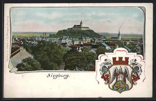 AK Siegburg, Stadttotale mit Schloss und Wappen