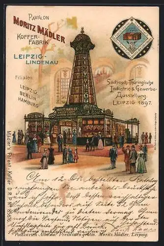 Lithographie Leipzig, Sächsisch-Thüringische Industrie- & Gewerbe-Ausstellung 1897, Pavillon der Firma Moritz Mäder