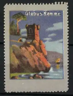 Reklamemarke Globus-Kämme, Küstenszene mit Turm und Segelboot