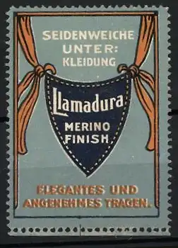 Reklamemarke Llamadura Merino Finish, Seidenweiche Unterkleidung, Vorhang und Schild