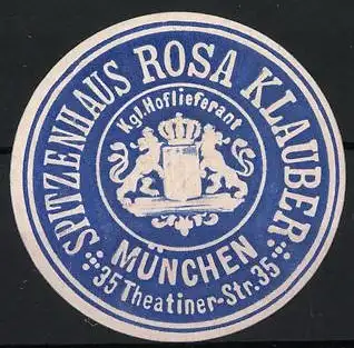 Reklamemarke München, Spitzenhaus Rosa Klauber, Wappen mit Löwen