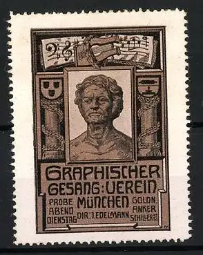 Reklamemarke München, Graphischer Gesang-Verein, Büste und Notenblatt