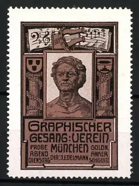 Reklamemarke München, Graphischer Gesang-Verein, Büste und Notenschlüssel