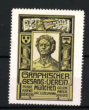 Reklamemarke München, Graphischer Gesangverein, Büste mit Notenblatt