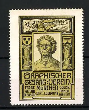 Reklamemarke München, Graphischer Gesangverein, Büste und Notenblatt