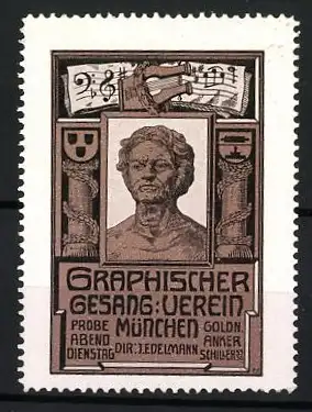 Reklamemarke München, Graphischer Gesang-Verein, Büste und Noten