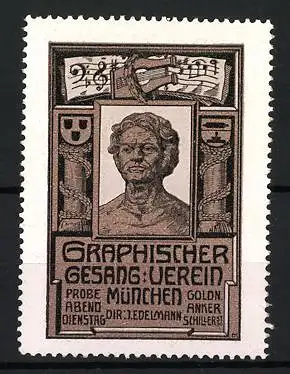 Reklamemarke München, Graphischer Gesangverein, Büste und Notenblatt