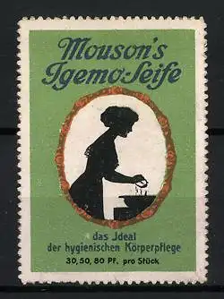 Reklamemarke Mouson`s Igemo-Seife, Frau beim Händewaschen