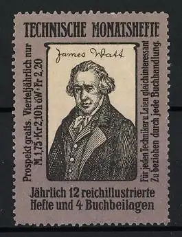 Reklamemarke Technische Monatshefte, James Watt Porträt