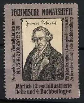 Reklamemarke Technische Monatshefte, James Watt Porträt