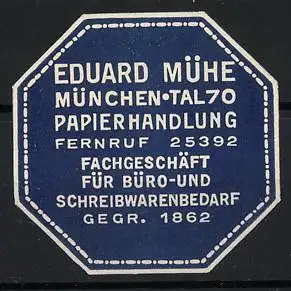 Reklamemarke München, Eduard Mühe Papierhandlung, Oktagonform