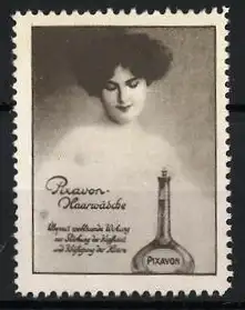 Reklamemarke Pixavon-Haarwäsche, Frau mit Flasche