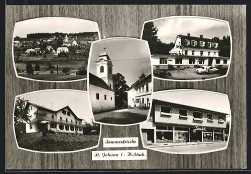 AK St. Johann i. H. /Stmk, Geschäft Teubl, Cafe, Kirche