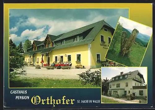 AK St. Jakob im Walde, Gasthof-Pension Orthofer, Filzmoos 12, Skulptur aus Holz