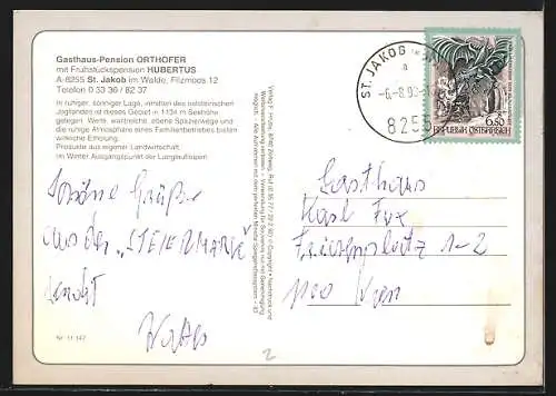 AK St. Jakob im Walde, Gasthof-Pension Orthofer, Filzmoos 12, Skulptur aus Holz