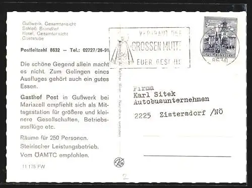 AK Gusswerk /Stmk., Gasthof zur Post mit Gaststube, Schloss Brandhof