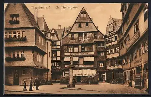 AK Alt-Frankfurt, Strasse Gr. Fischergasse mit Gasthaus zum Rosen-Eck und Denkmal