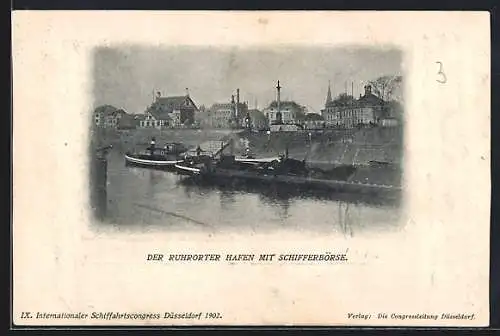 AK Ruhrort, Hafen mit Schifferbörse, Schleppkahn