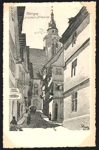 Künstler-AK Tübingen, Langegasse, Stiftskirche