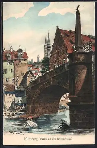 Künstler-AK Nürnberg, Partie an der Karlsbrücke mit Kirche und Boot