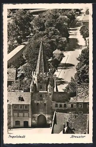 AK Ingolstadt, Kreuztor mit Strasse aus der Vogelschau