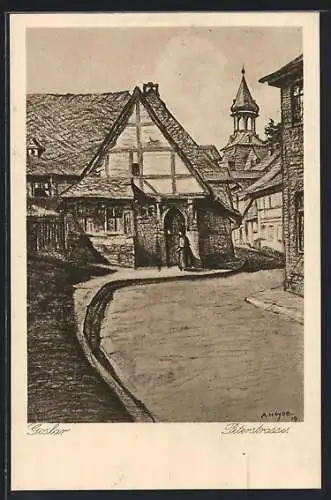 Künstler-AK Goslar, Peterstrasse mit Turmgbäude