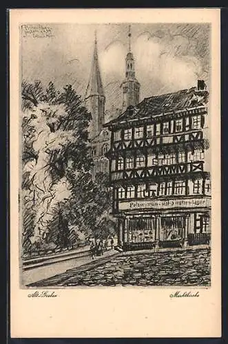 Künstler-AK Goslar, Alt-Goslar, Marktkirche und Geschäftshaus