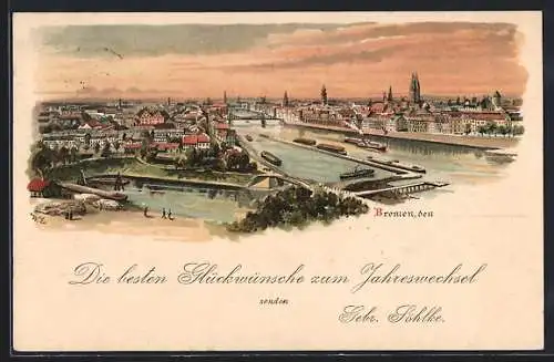 Lithographie Bremen, Stadtpanorama mit Flusspartie