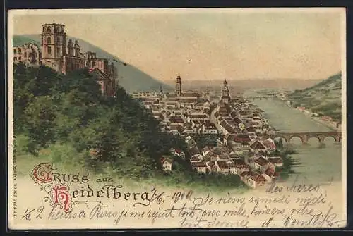 Lithographie Heidelberg, Ortsansicht mit Burg, Flusss und Brücke