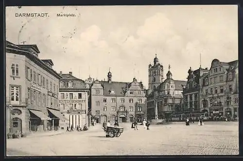 AK Darmstadt, Kaufhaus Schneider und Mainzer Warenhaus am Marktplatz