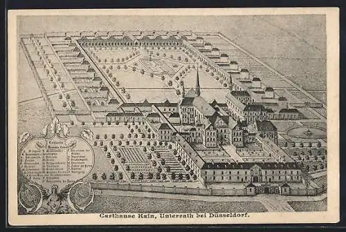 Lithographie Unterrath bei Düsseldorf, Carthause Hain aus der Vogelschau