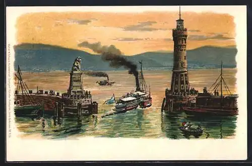 Lithographie Lindau im Bodensee, Dampfer an der Hafeneinfahrt